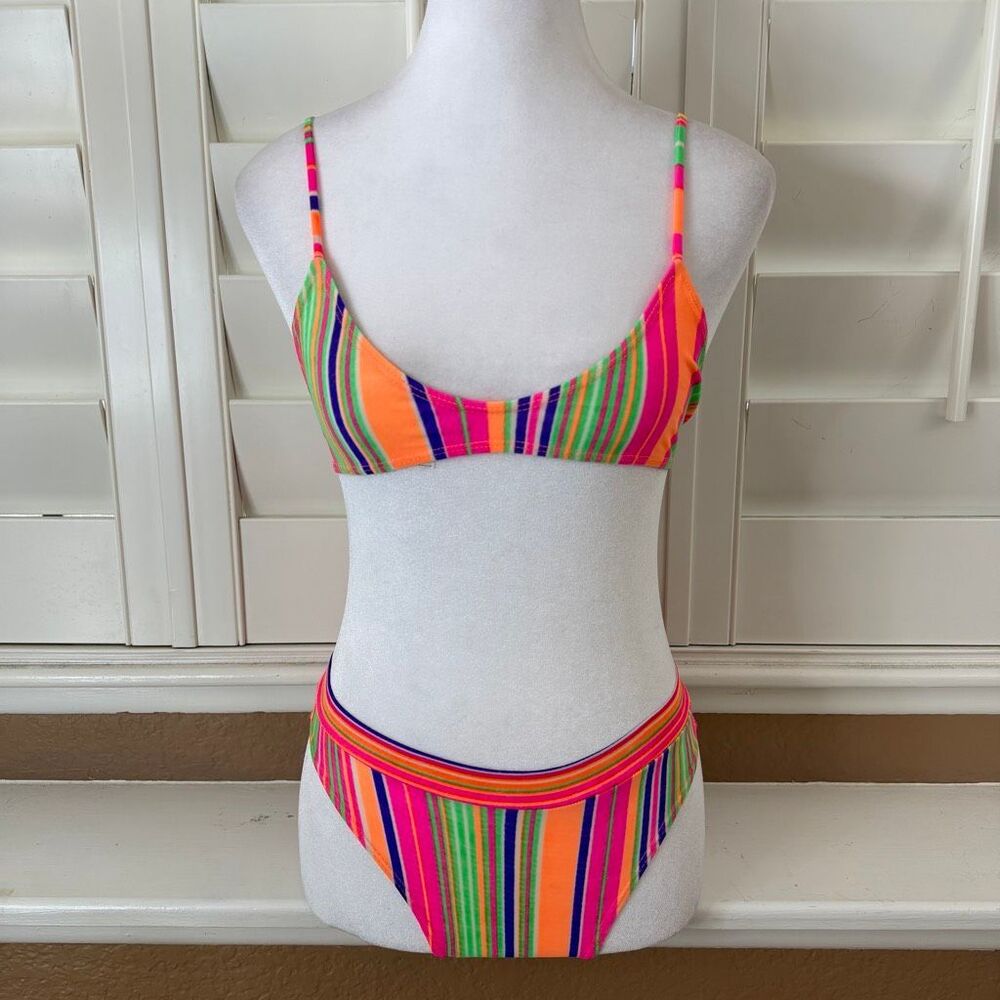 Vintage 80s Neon Stripe High Cut Bikini Colorful Swimwear Tropical Miami Sz M